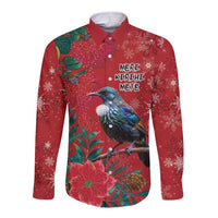 Tui Meri Kirihimete Personalised Long Sleeve Button Shirt Pohutukawa Flowers Red Motif - Polynesian Pride