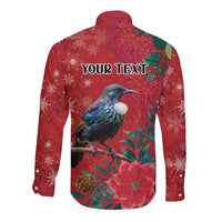 Tui Meri Kirihimete Personalised Long Sleeve Button Shirt Pohutukawa Flowers Red Motif - Polynesian Pride