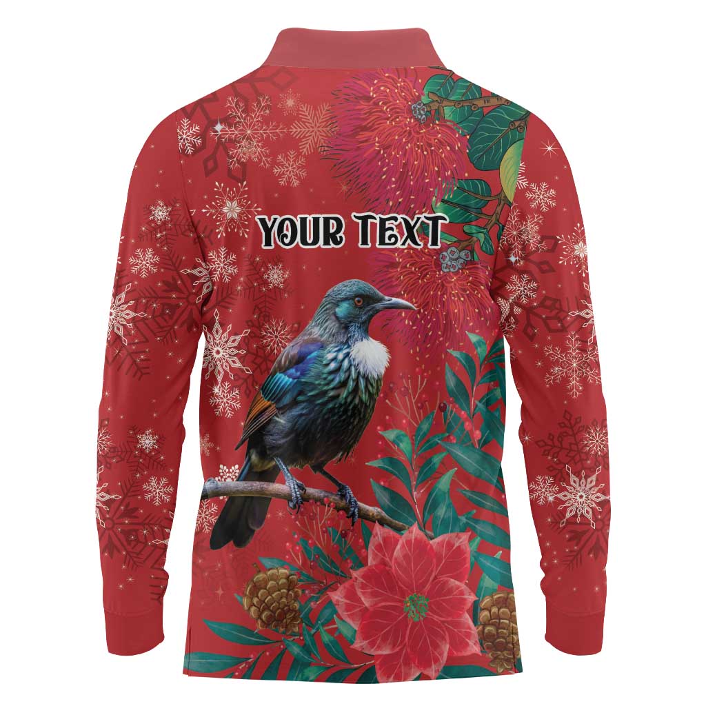 Tui Meri Kirihimete Personalised Long Sleeve Polo Shirt Pohutukawa Flowers Red Motif - Polynesian Pride