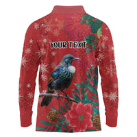 Tui Meri Kirihimete Personalised Long Sleeve Polo Shirt Pohutukawa Flowers Red Motif - Polynesian Pride