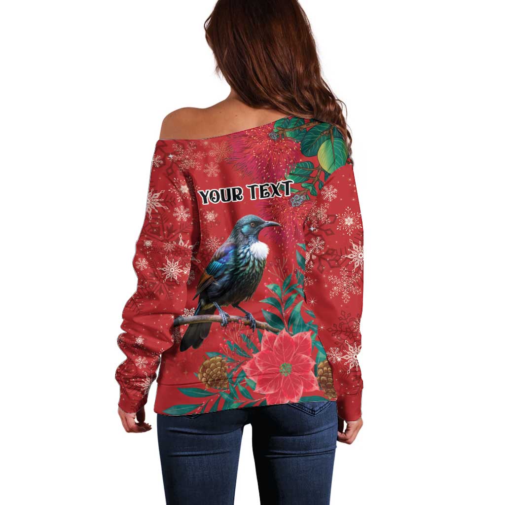 Tui Meri Kirihimete Personalised Off Shoulder Sweater Pohutukawa Flowers Red Motif - Polynesian Pride