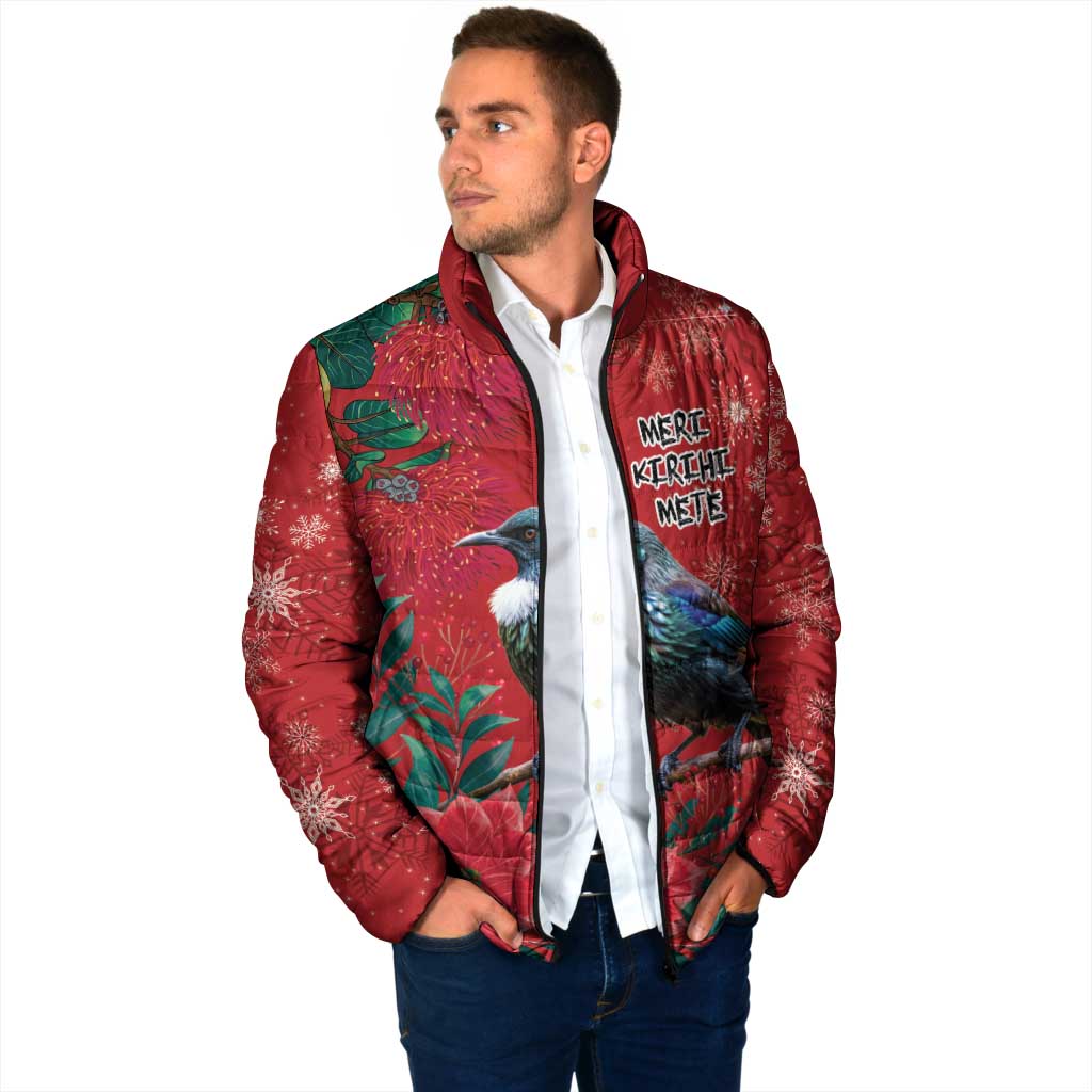 Tui Meri Kirihimete Personalised Padded Jacket Pohutukawa Flowers Red Motif - Polynesian Pride