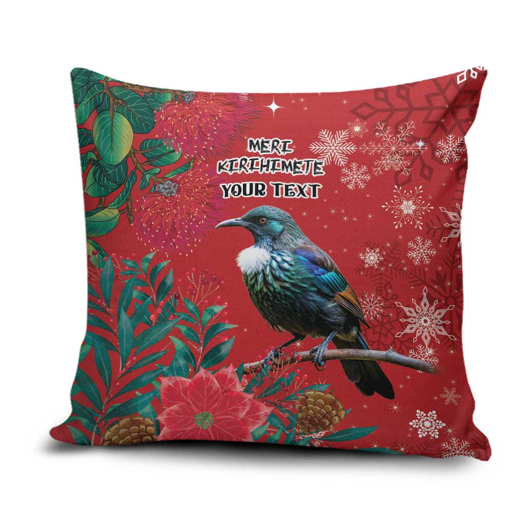 Tui Meri Kirihimete Personalised Pillow Cover Pohutukawa Flowers Red Motif - Polynesian Pride