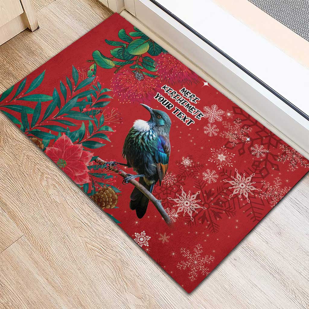 Tui Meri Kirihimete Personalised Rubber Doormat Pohutukawa Flowers Red Motif - Polynesian Pride
