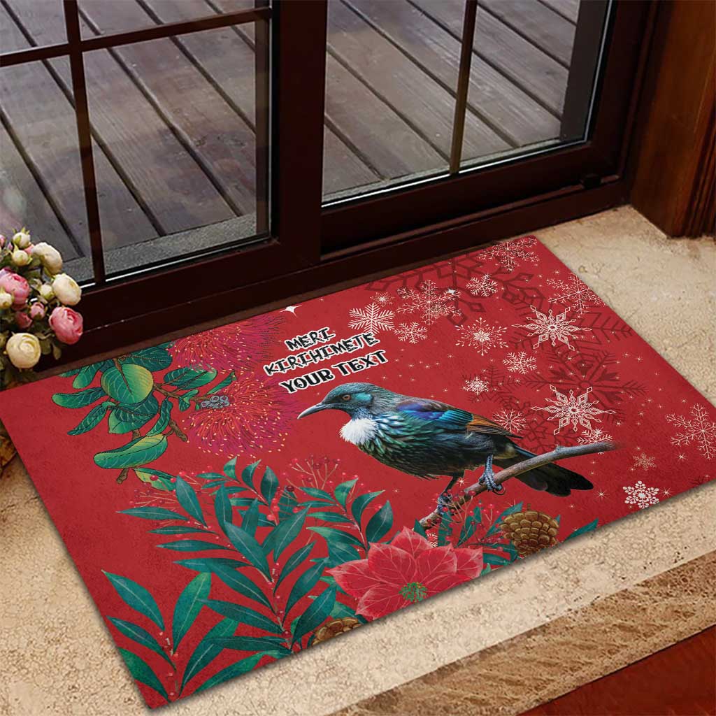 Tui Meri Kirihimete Personalised Rubber Doormat Pohutukawa Flowers Red Motif - Polynesian Pride