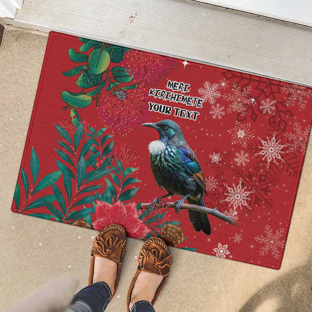 Tui Meri Kirihimete Personalised Rubber Doormat Pohutukawa Flowers Red Motif - Polynesian Pride