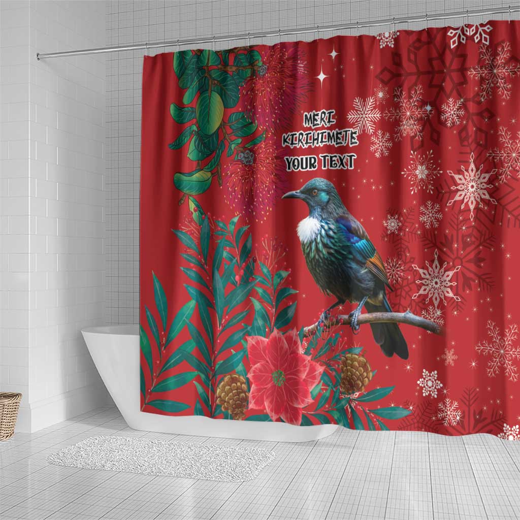 Tui Meri Kirihimete Personalised Shower Curtain Pohutukawa Flowers Red Motif - Polynesian Pride
