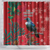 Tui Meri Kirihimete Personalised Shower Curtain Pohutukawa Flowers Red Motif - Polynesian Pride