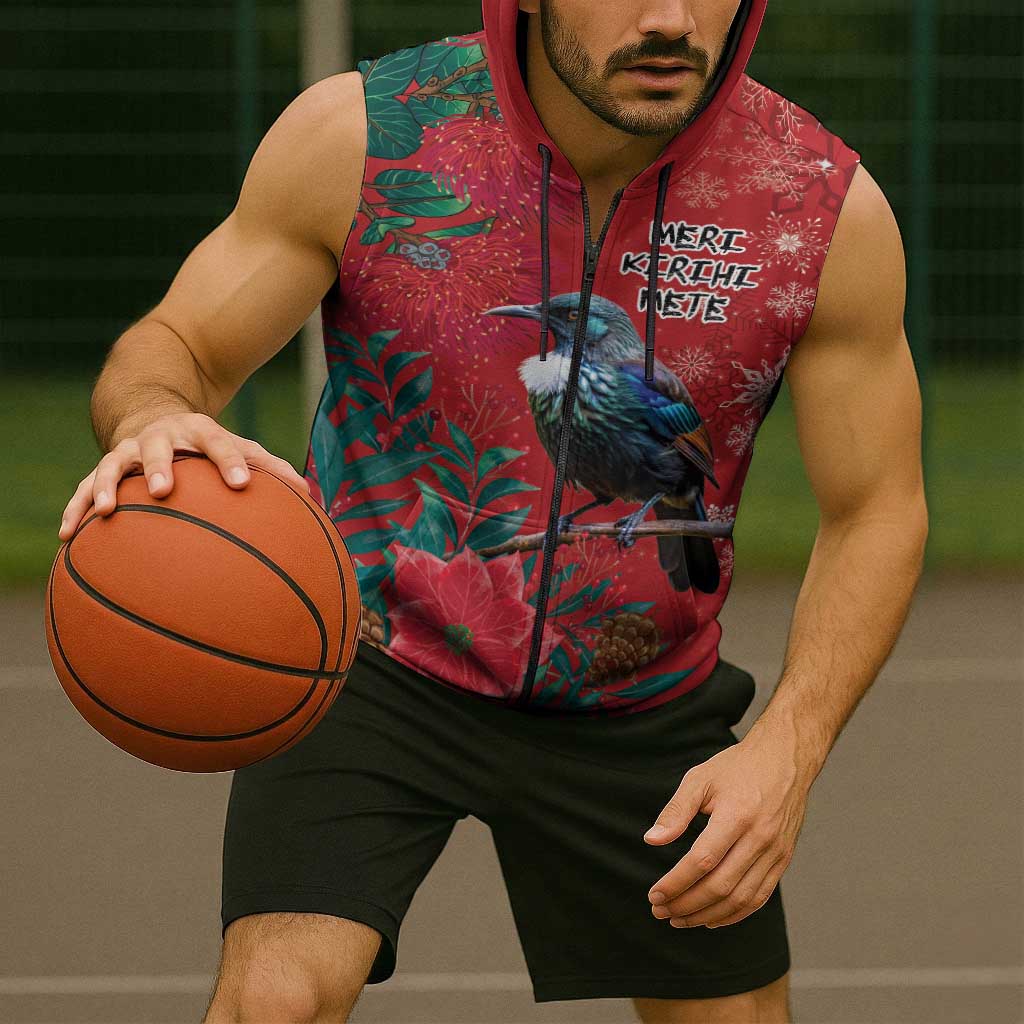 Tui Meri Kirihimete Personalised Sleeveless Zip Hoodie Pohutukawa Flowers Red Motif - Polynesian Pride