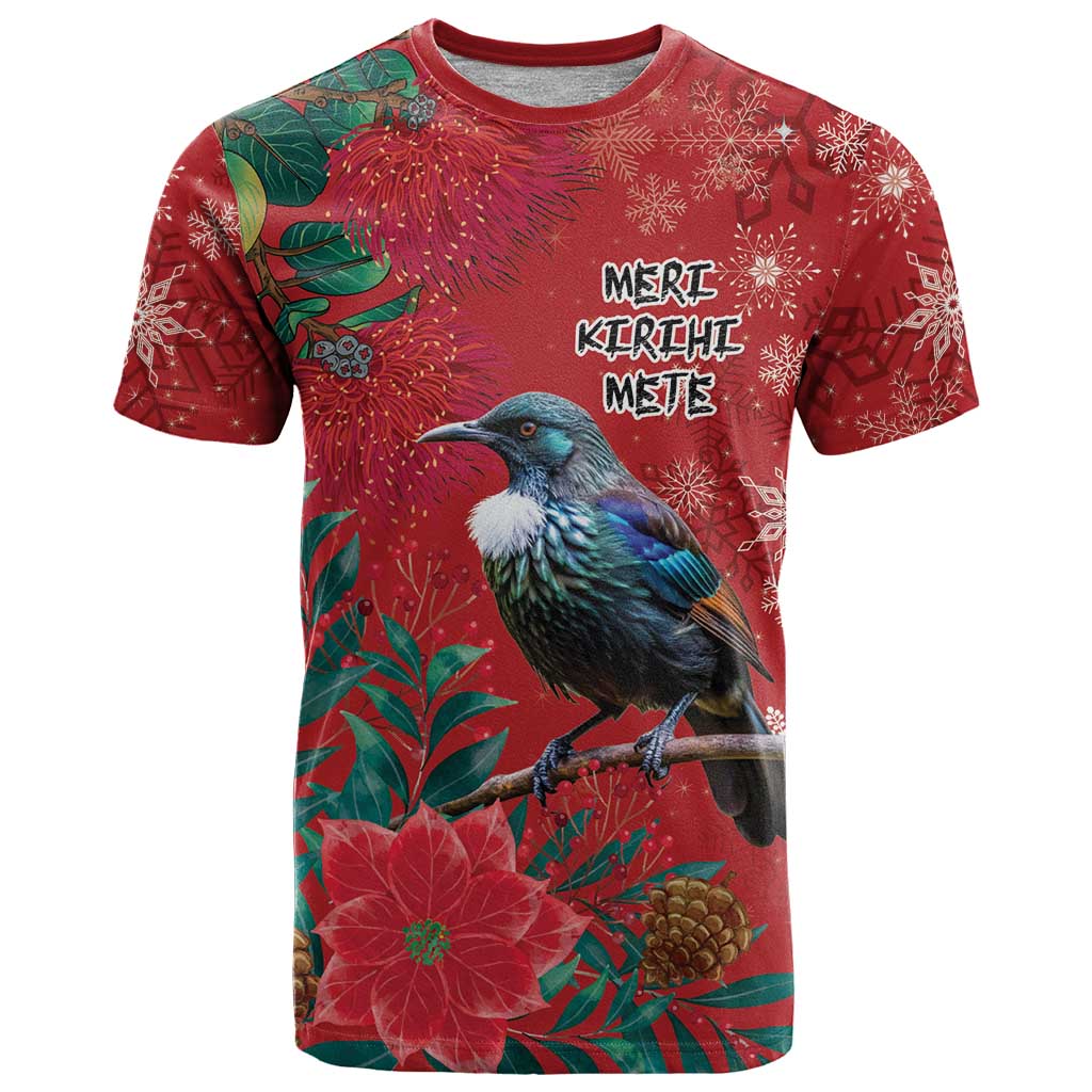 Tui Meri Kirihimete Personalised T Shirt Pohutukawa Flowers Red Motif - Polynesian Pride