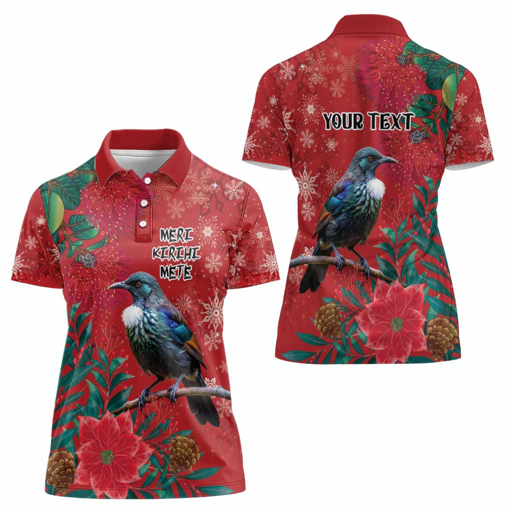 Tui Meri Kirihimete Personalised Women Polo Shirt Pohutukawa Flowers Red Motif - Polynesian Pride
