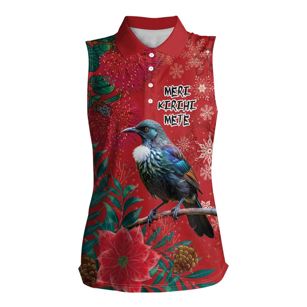 Tui Meri Kirihimete Personalised Women Sleeveless Polo Shirt Pohutukawa Flowers Red Motif - Polynesian Pride