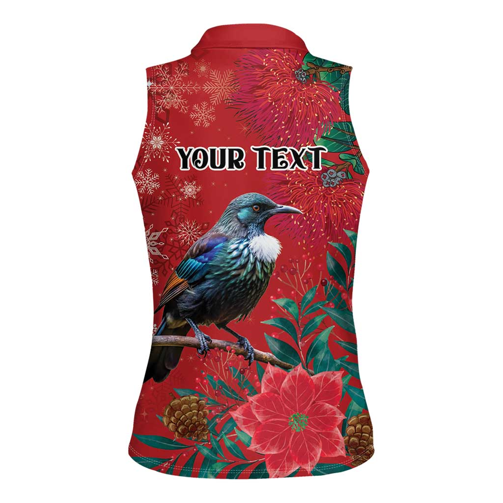 Tui Meri Kirihimete Personalised Women Sleeveless Polo Shirt Pohutukawa Flowers Red Motif - Polynesian Pride