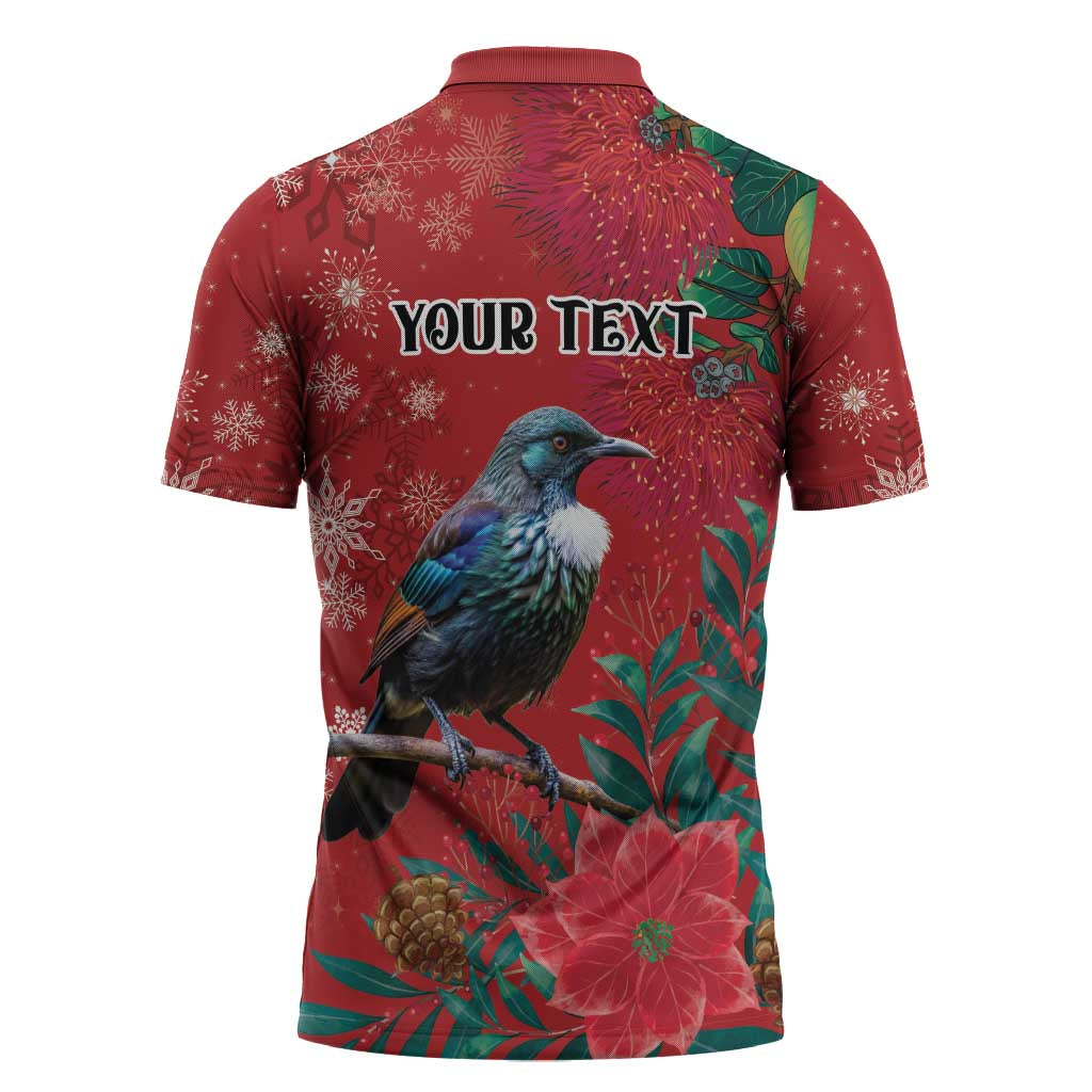 Tui Meri Kirihimete Personalised Zipper Polo Shirt Pohutukawa Flowers Red Motif - Polynesian Pride