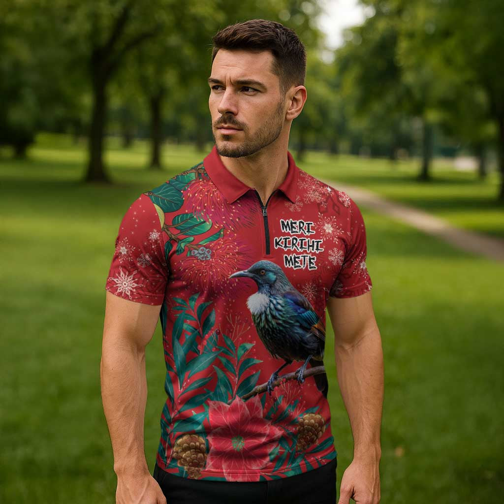 Tui Meri Kirihimete Personalised Zipper Polo Shirt Pohutukawa Flowers Red Motif - Polynesian Pride