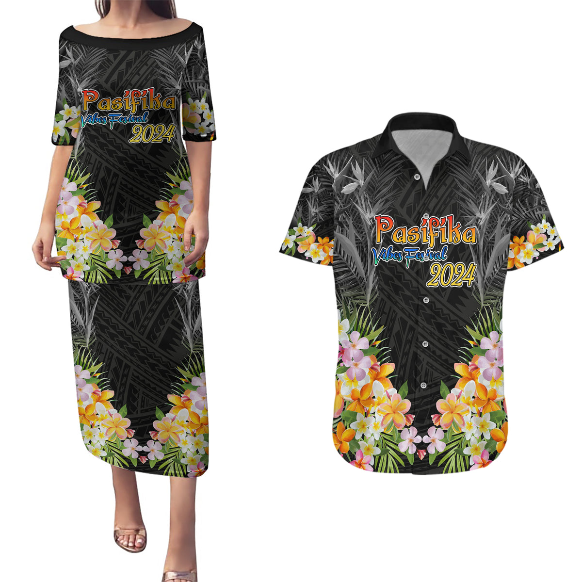 Pasifika Vibes Festival 2024 Auckland Couples Matching Puletasi and Hawaiian Shirt LT9 Black - Polynesian Pride