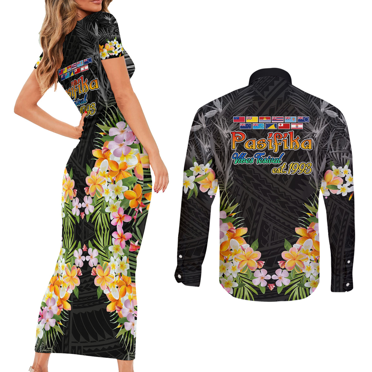 Pasifika Vibes Festival 2024 Auckland Couples Matching Short Sleeve Bodycon Dress and Long Sleeve Button Shirt LT9 - Polynesian Pride