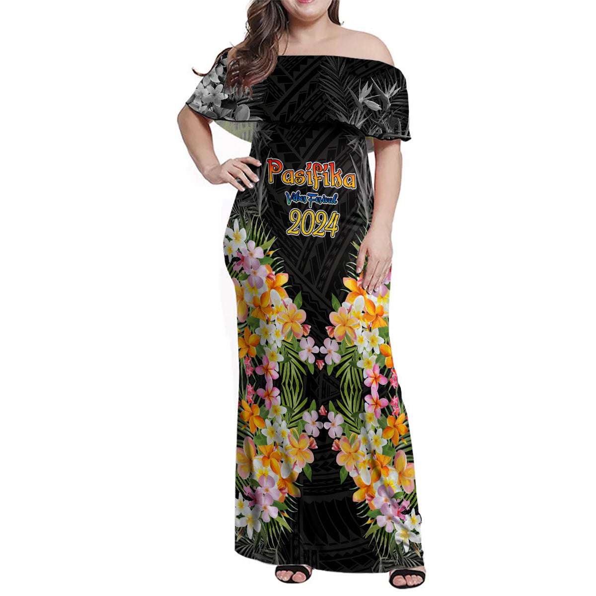 Pasifika Vibes Festival 2024 Auckland Family Matching Off Shoulder Maxi Dress and Hawaiian Shirt LT9 Mom's Dress Black - Polynesian Pride