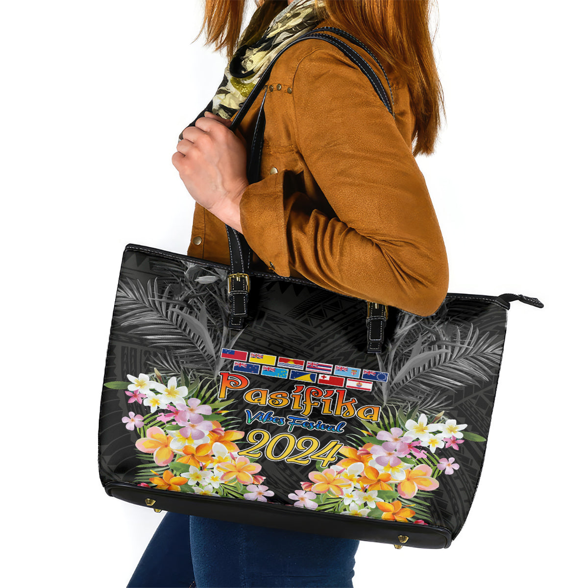 Pasifika Vibes Festival 2024 Auckland Leather Tote Bag LT9 Black - Polynesian Pride