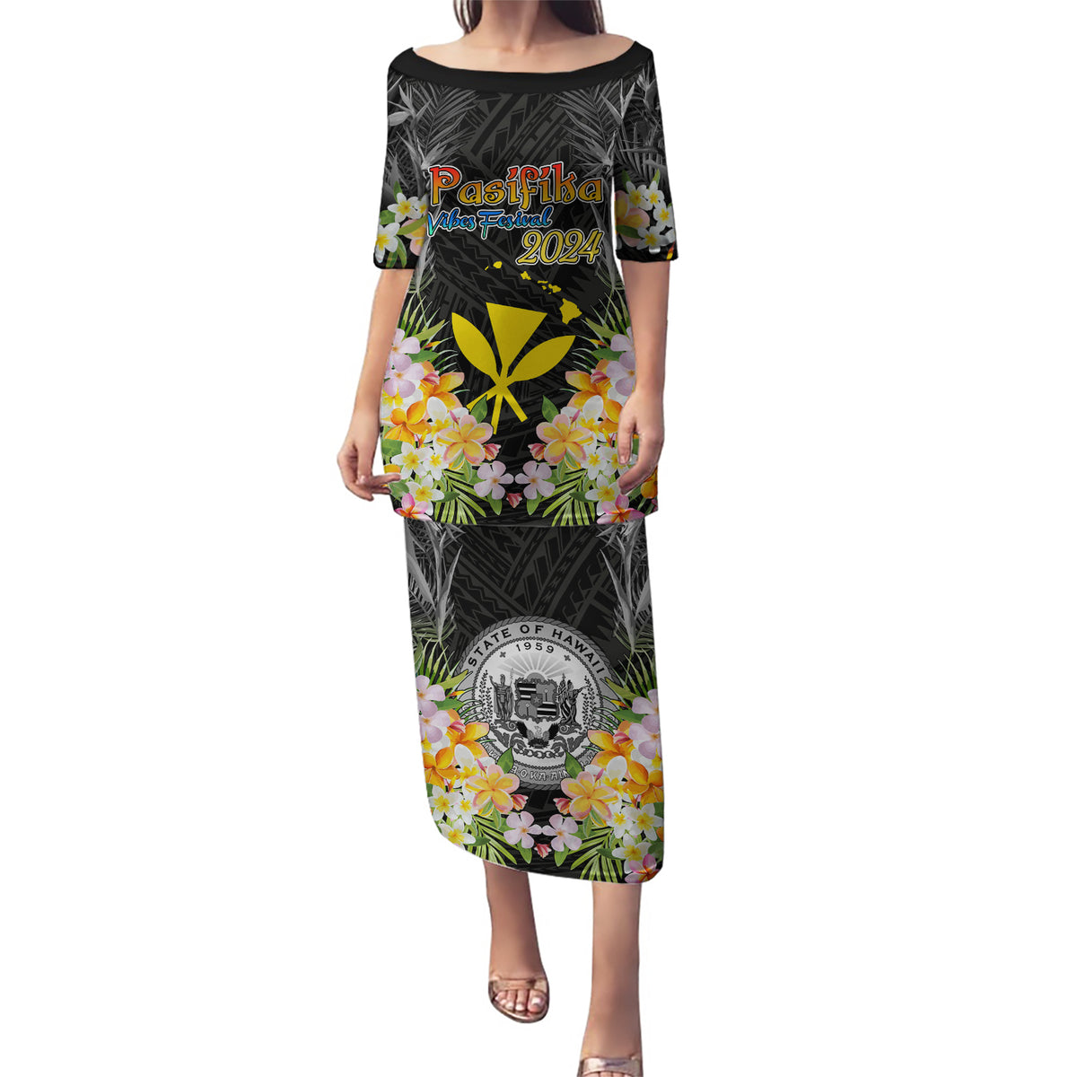 Pasifika Vibes Festival 2024 Puletasi Kanaka Maoli With Hawaiian Islands LT9 Long Dress Black - Polynesian Pride