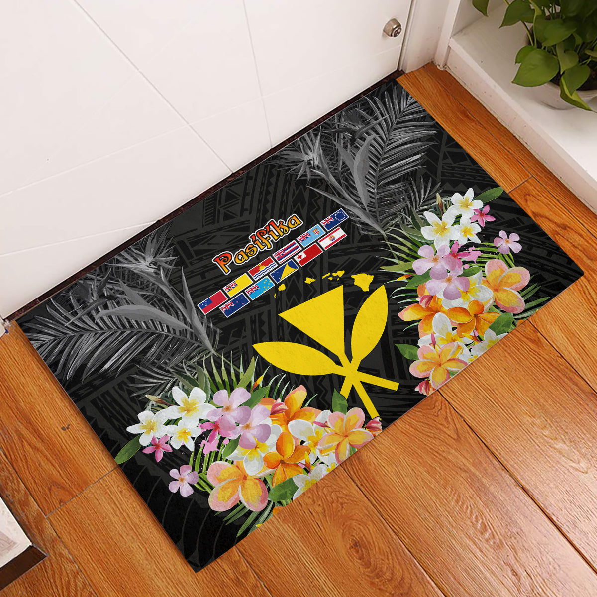 Pasifika Vibes Festival 2024 Rubber Doormat Kanaka Maoli With Hawaiian Islands LT9 Black - Polynesian Pride