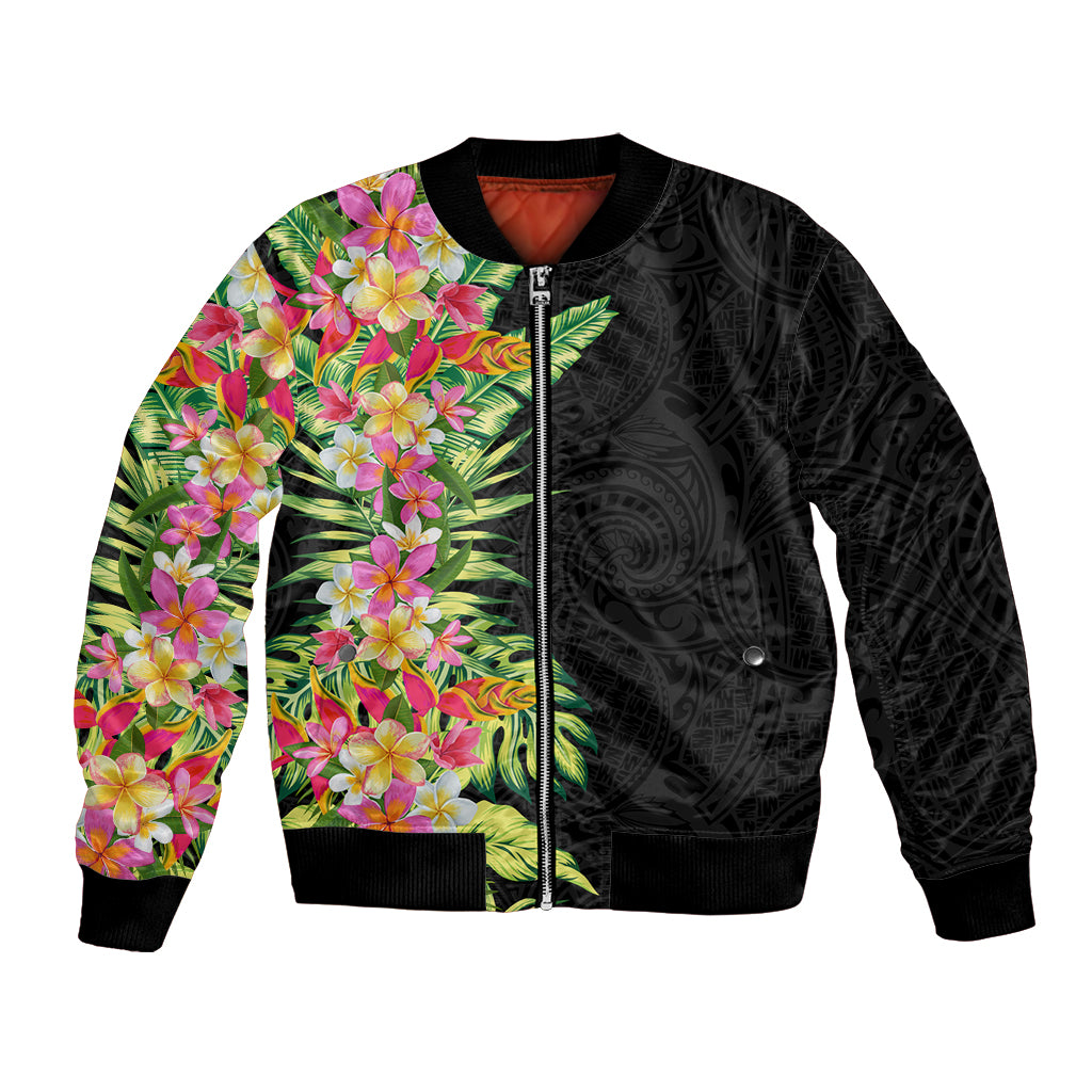 Hawaii Tropical Flowers Tribal Pattern Bomber Jacket No1 LT9 Unisex Black - Polynesian Pride