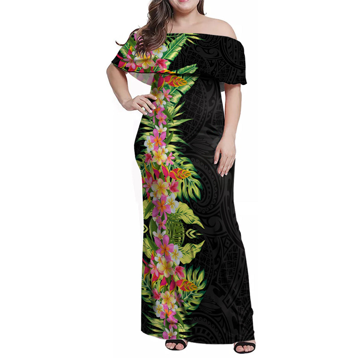 Hawaii Tropical Flowers Tribal Pattern Family Matching Off Shoulder Maxi Dress and Hawaiian Shirt No1 LT9 Mom's Dress Black - Polynesian Pride