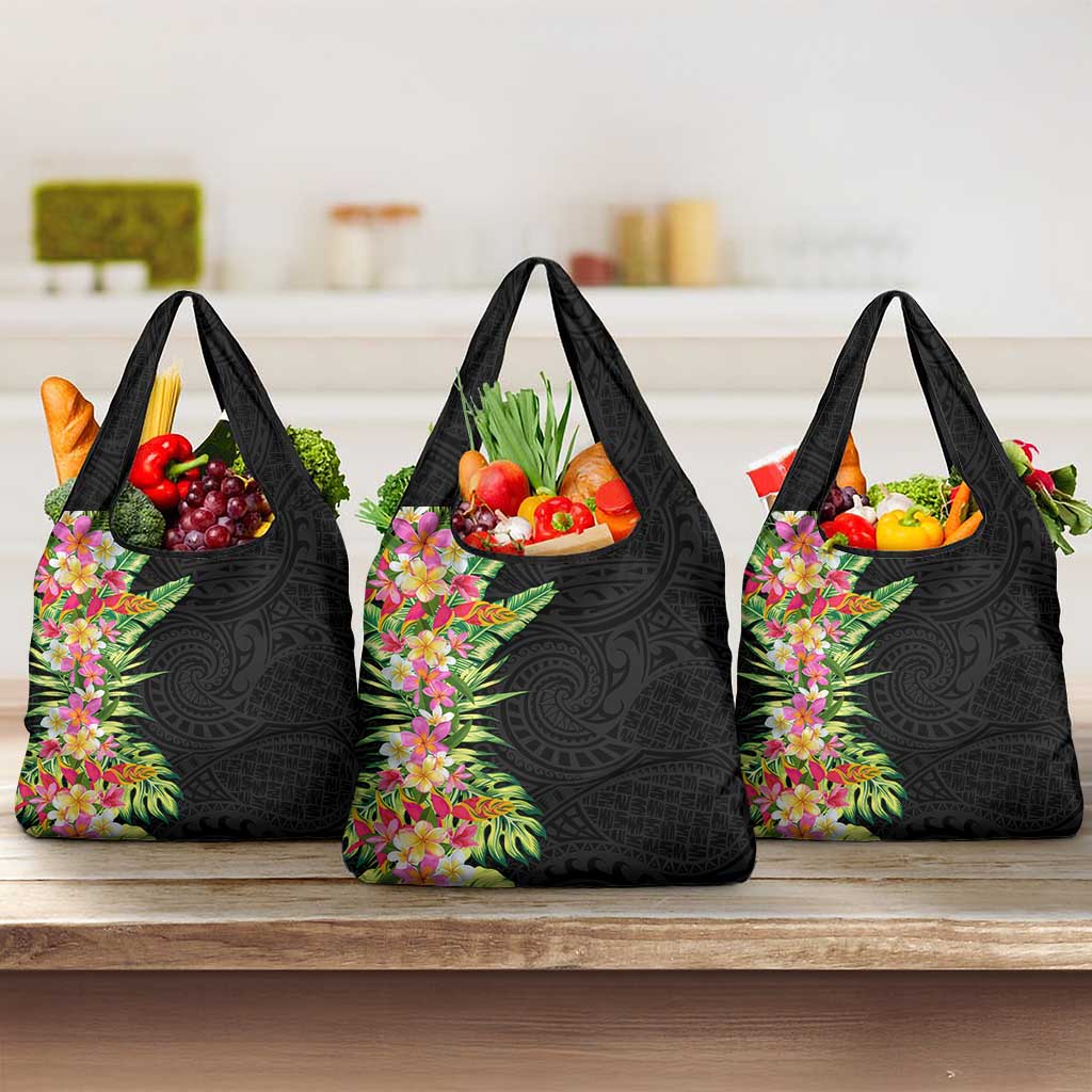 Hawaii Tropical Flowers Tribal Pattern Grocery Bag No1
