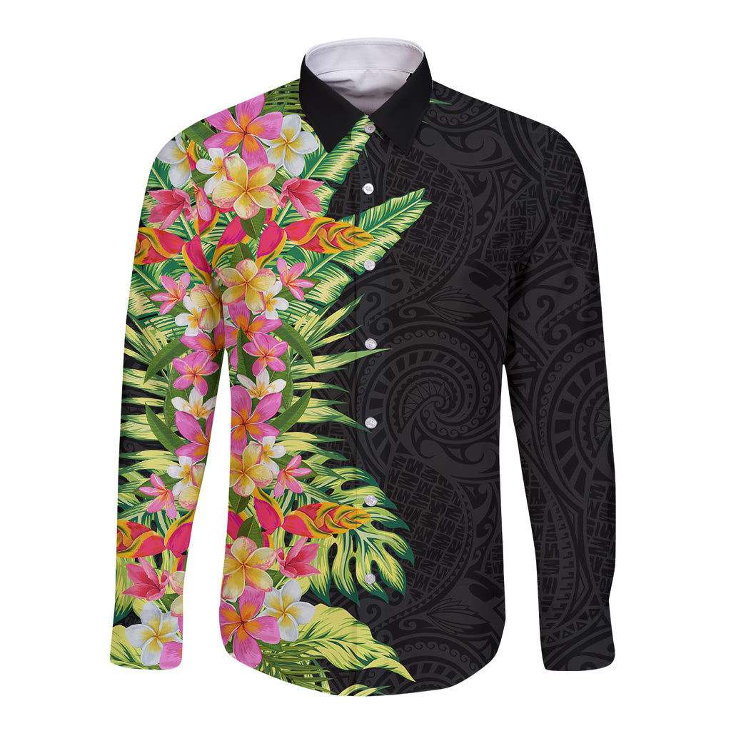 Hawaii Tropical Flowers Tribal Pattern Long Sleeve Button Shirt No1 LT9 Unisex Black - Polynesian Pride