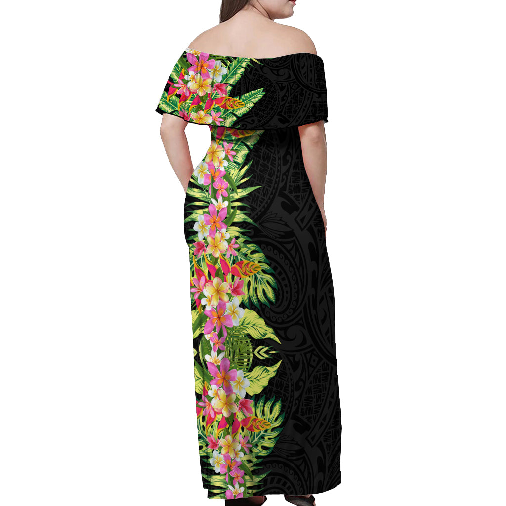 Hawaii Tropical Flowers Tribal Pattern Off Shoulder Maxi Dress No1 LT9 - Polynesian Pride