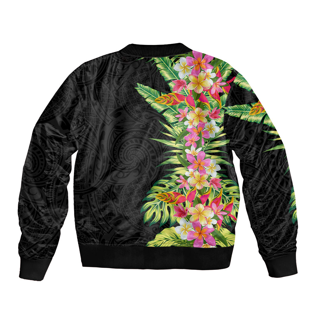 Hawaii Tropical Flowers Tribal Pattern Sleeve Zip Bomber Jacket No1 LT9 - Polynesian Pride