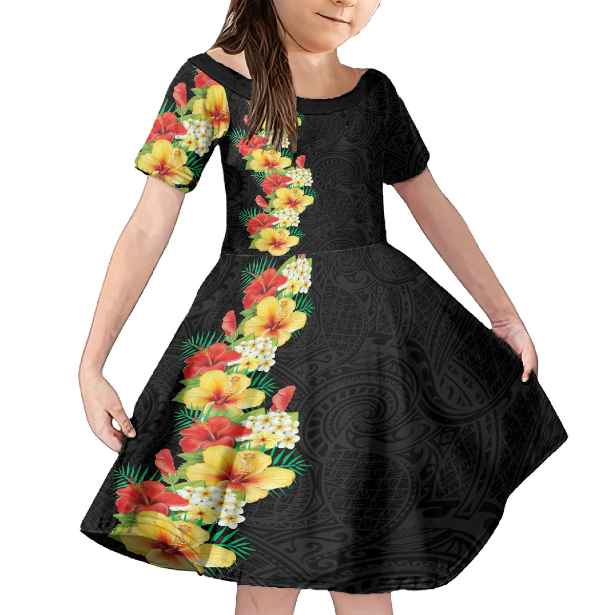 Hawaii Tropical Flowers Tribal Pattern Family Matching Off Shoulder Maxi Dress and Hawaiian Shirt No2 LT9 Daughter's Dress Black - Polynesian Pride