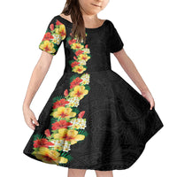 Hawaii Tropical Flowers Tribal Pattern Family Matching Off Shoulder Short Dress and Hawaiian Shirt No2 LT9 Daughter's Dress Black - Polynesian Pride