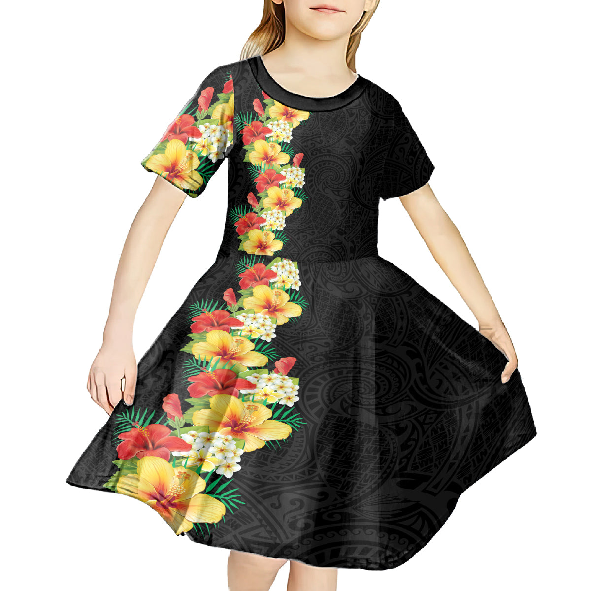Hawaii Tropical Flowers Tribal Pattern Kid Short Sleeve Dress No2 LT9 - Polynesian Pride