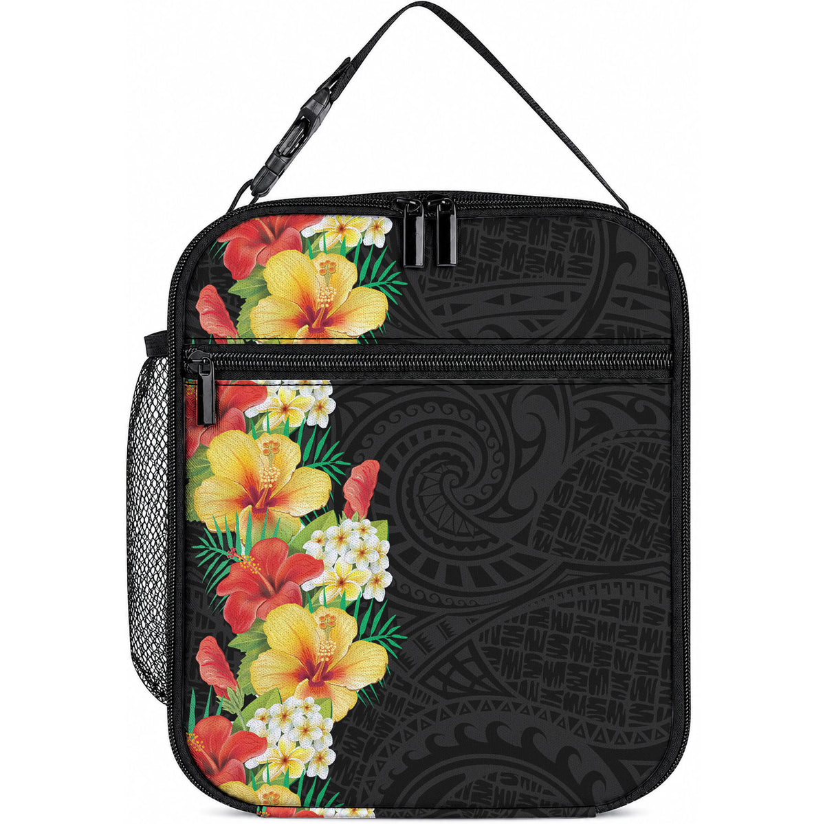Hawaii Tropical Flowers Tribal Pattern Lunch Bag No2 LT9 10.2 × 8.3 × 4.3 inch Black - Polynesian Pride