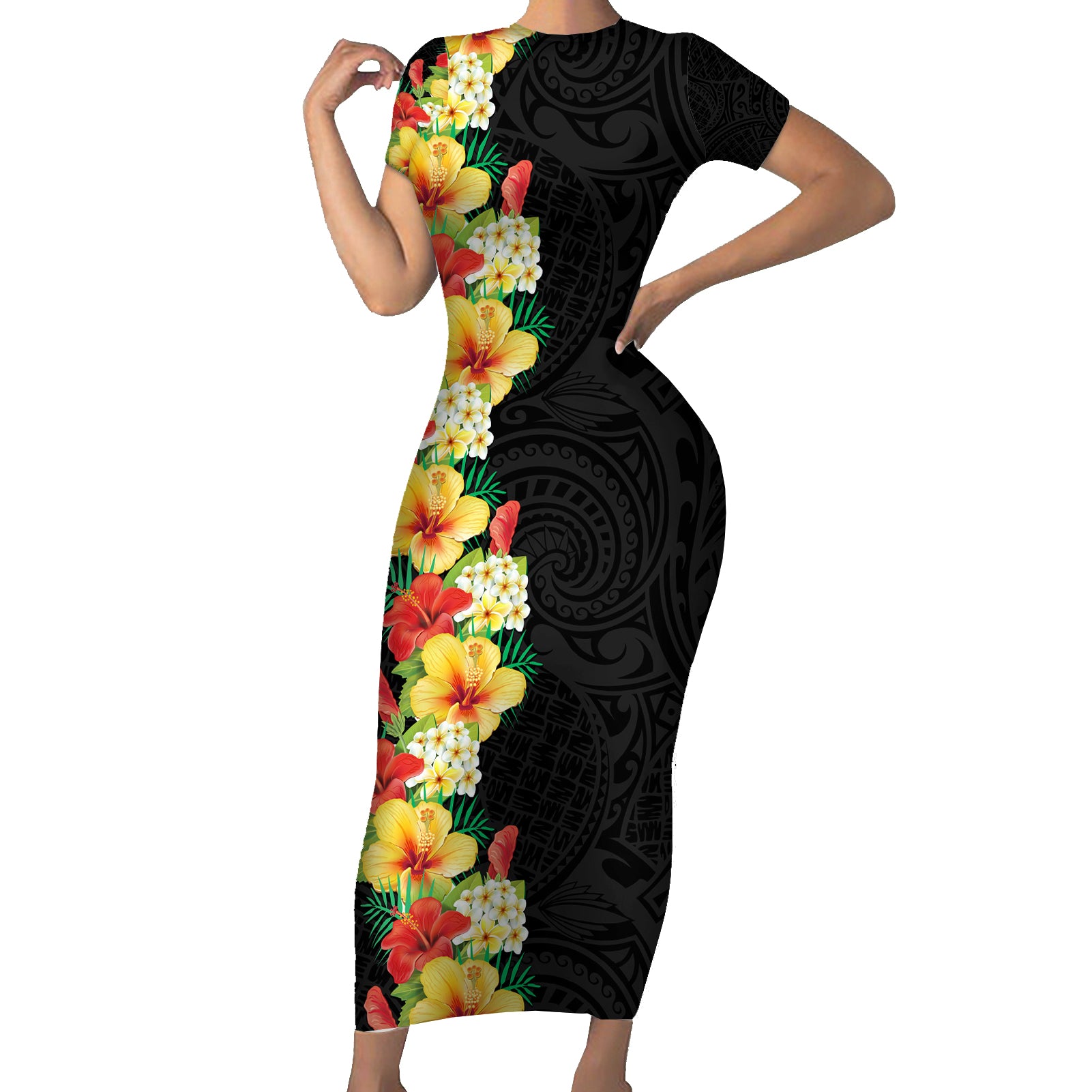 Hawaii Tropical Flowers Tribal Pattern Short Sleeve Bodycon Dress No2 LT9 Long Dress Black - Polynesian Pride