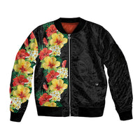 Hawaii Tropical Flowers Tribal Pattern Sleeve Zip Bomber Jacket No2 LT9 Unisex Black - Polynesian Pride