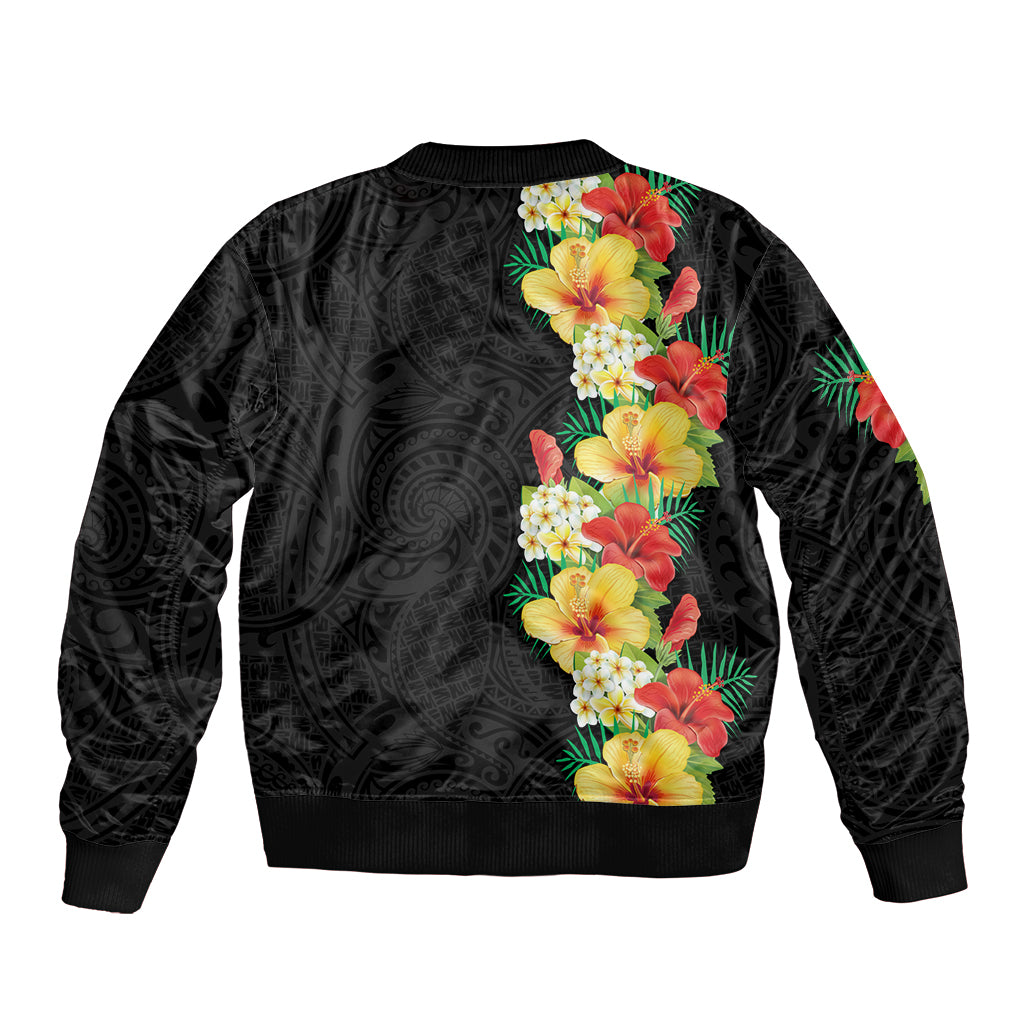 Hawaii Tropical Flowers Tribal Pattern Sleeve Zip Bomber Jacket No2 LT9 - Polynesian Pride