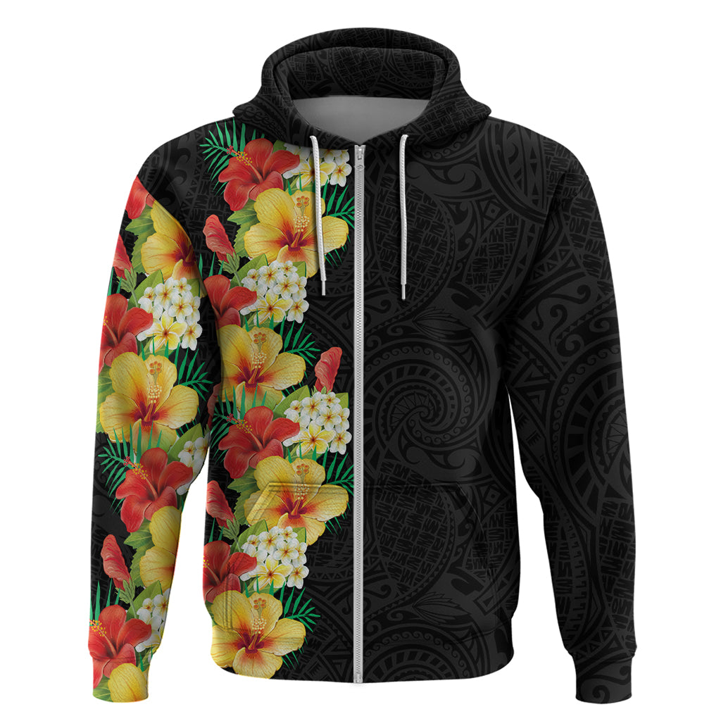Hawaii Tropical Flowers Tribal Pattern Zip Hoodie No2 LT9 Zip Hoodie Black - Polynesian Pride