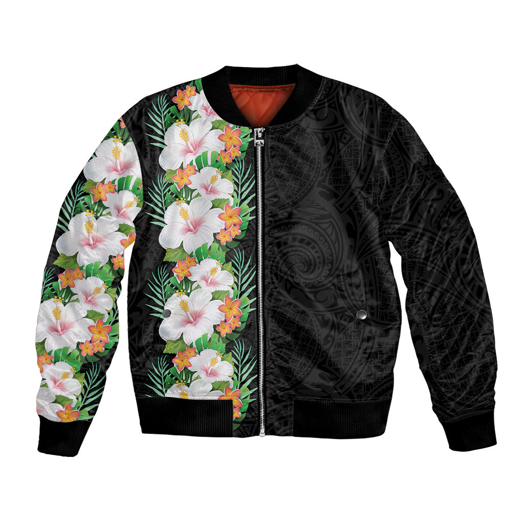 Hawaii Tropical Flowers Tribal Pattern Bomber Jacket No3 LT9 Unisex Black - Polynesian Pride