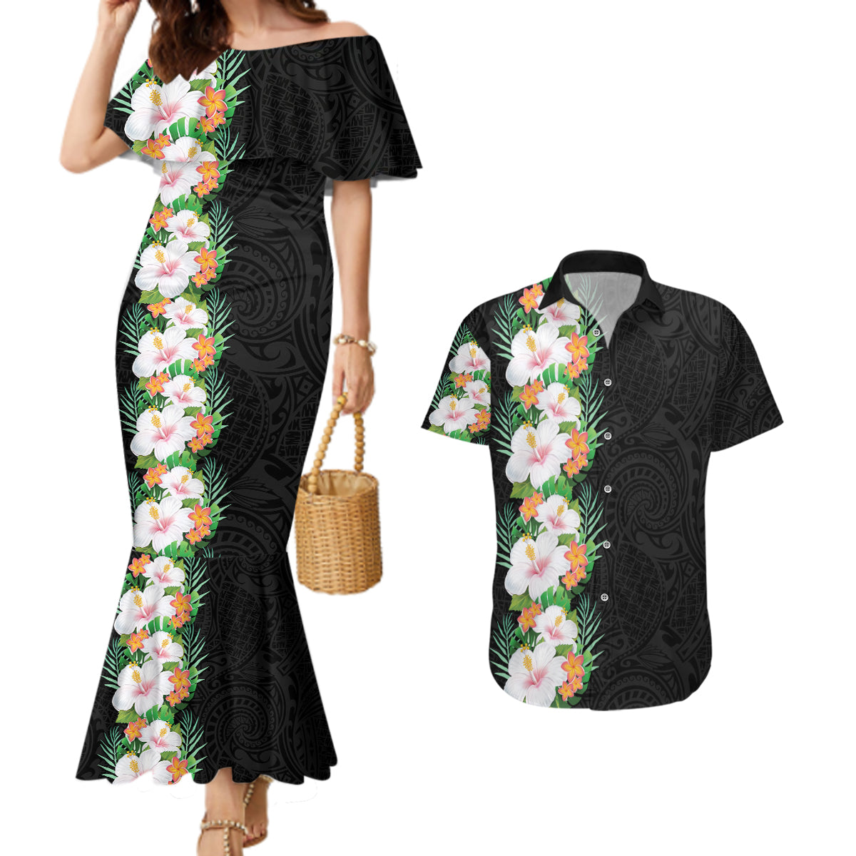 Hawaii Tropical Flowers Tribal Pattern Couples Matching Mermaid Dress and Hawaiian Shirt No3 LT9 Black - Polynesian Pride