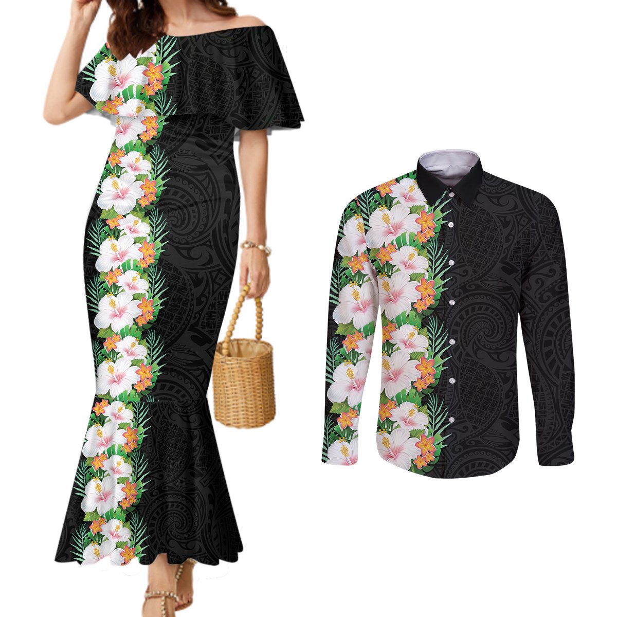 Hawaii Tropical Flowers Tribal Pattern Couples Matching Mermaid Dress and Long Sleeve Button Shirt No3 LT9 Black - Polynesian Pride