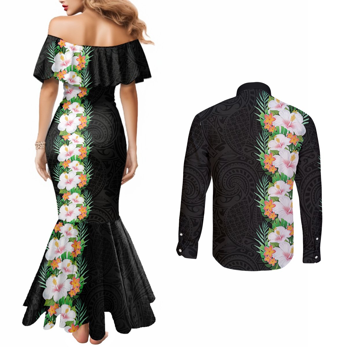 Hawaii Tropical Flowers Tribal Pattern Couples Matching Mermaid Dress and Long Sleeve Button Shirt No3 LT9 - Polynesian Pride