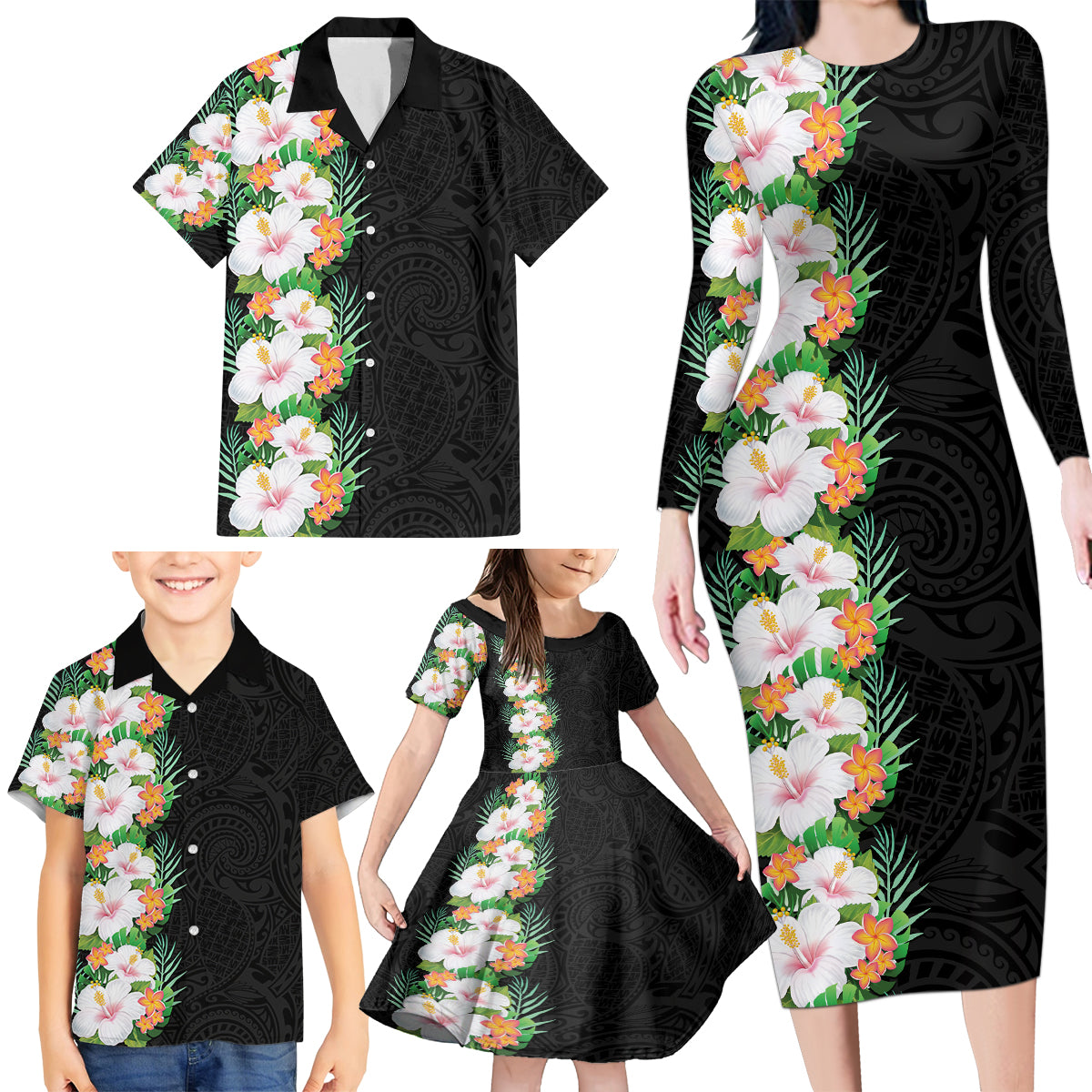 Hawaii Tropical Flowers Tribal Pattern Family Matching Long Sleeve Bodycon Dress and Hawaiian Shirt No3 LT9 - Polynesian Pride