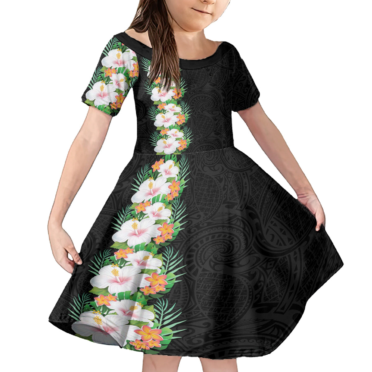 Hawaii Tropical Flowers Tribal Pattern Family Matching Summer Maxi Dress and Hawaiian Shirt No3 LT9 Daughter's Dress Black - Polynesian Pride