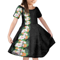 Hawaii Tropical Flowers Tribal Pattern Family Matching Summer Maxi Dress and Hawaiian Shirt No3 LT9 Daughter's Dress Black - Polynesian Pride