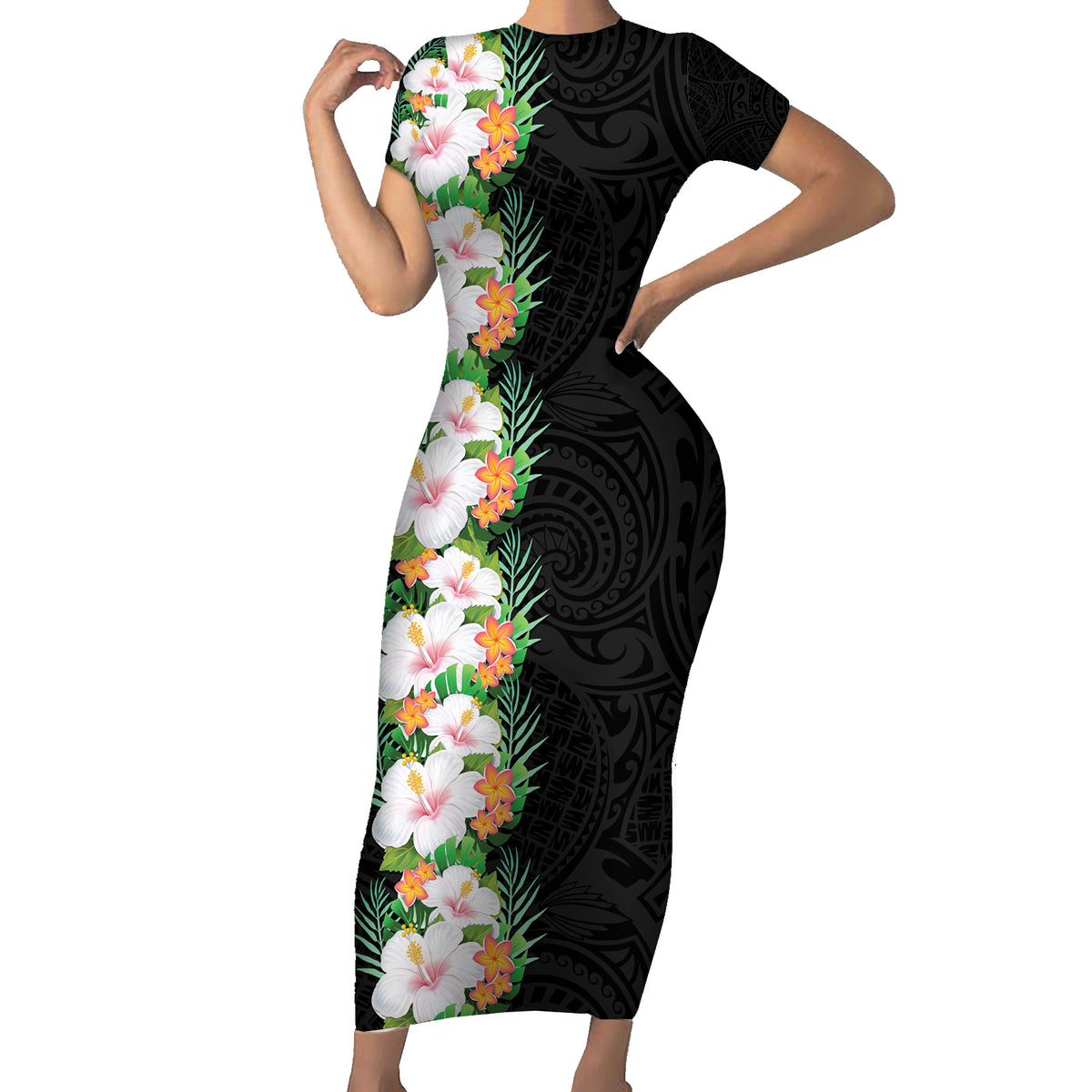 Hawaii Tropical Flowers Tribal Pattern Short Sleeve Bodycon Dress No3 LT9 Long Dress Black - Polynesian Pride