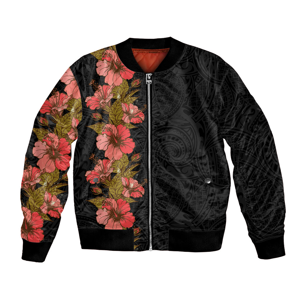Hawaii Tropical Flowers Tribal Pattern Bomber Jacket No4 LT9 Unisex Black - Polynesian Pride