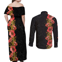 Hawaii Tropical Flowers Tribal Pattern Couples Matching Off Shoulder Maxi Dress and Long Sleeve Button Shirt No4 LT9 - Polynesian Pride