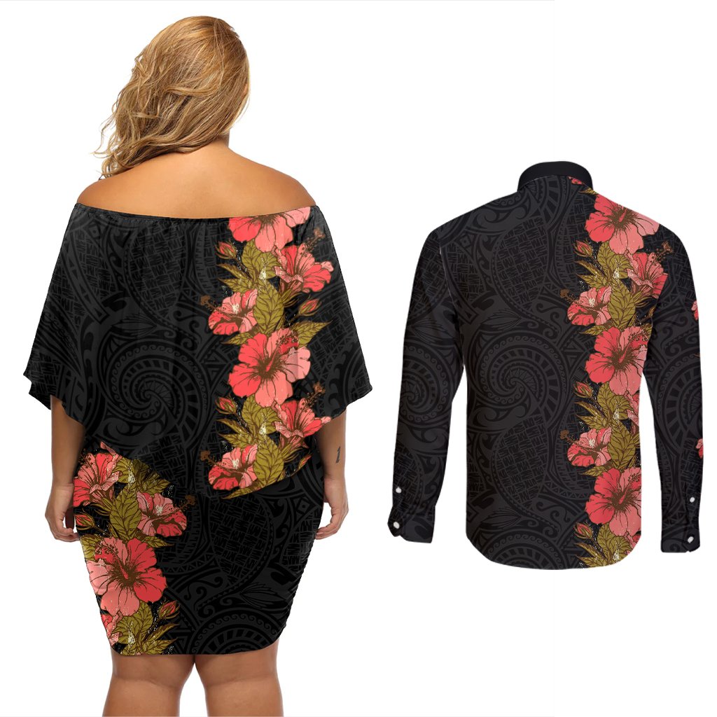 Hawaii Tropical Flowers Tribal Pattern Couples Matching Off Shoulder Short Dress and Long Sleeve Button Shirt No4 LT9 - Polynesian Pride